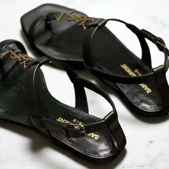 NIB Saint Laurent Black & Gold Cassandra Flat Sandals - Picture 3 of 4